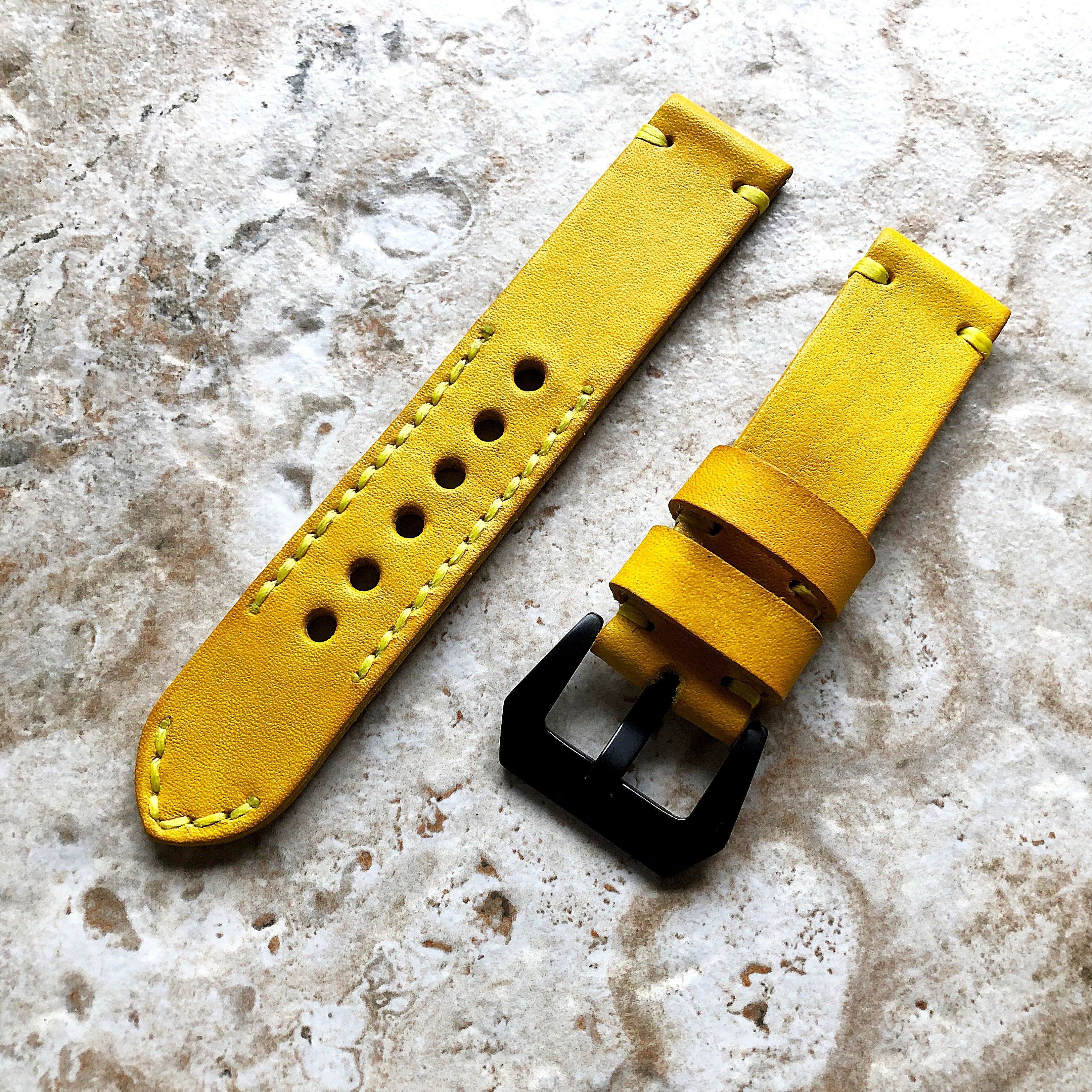 22mm Watch Band Yellow Color Leather Compatible with Apple Ultra 2 9 8 7 SE 6 5 4 3 2 Watch Fitbit Versa 2 3 4 Sense 2 Ionic Handmade Strap
